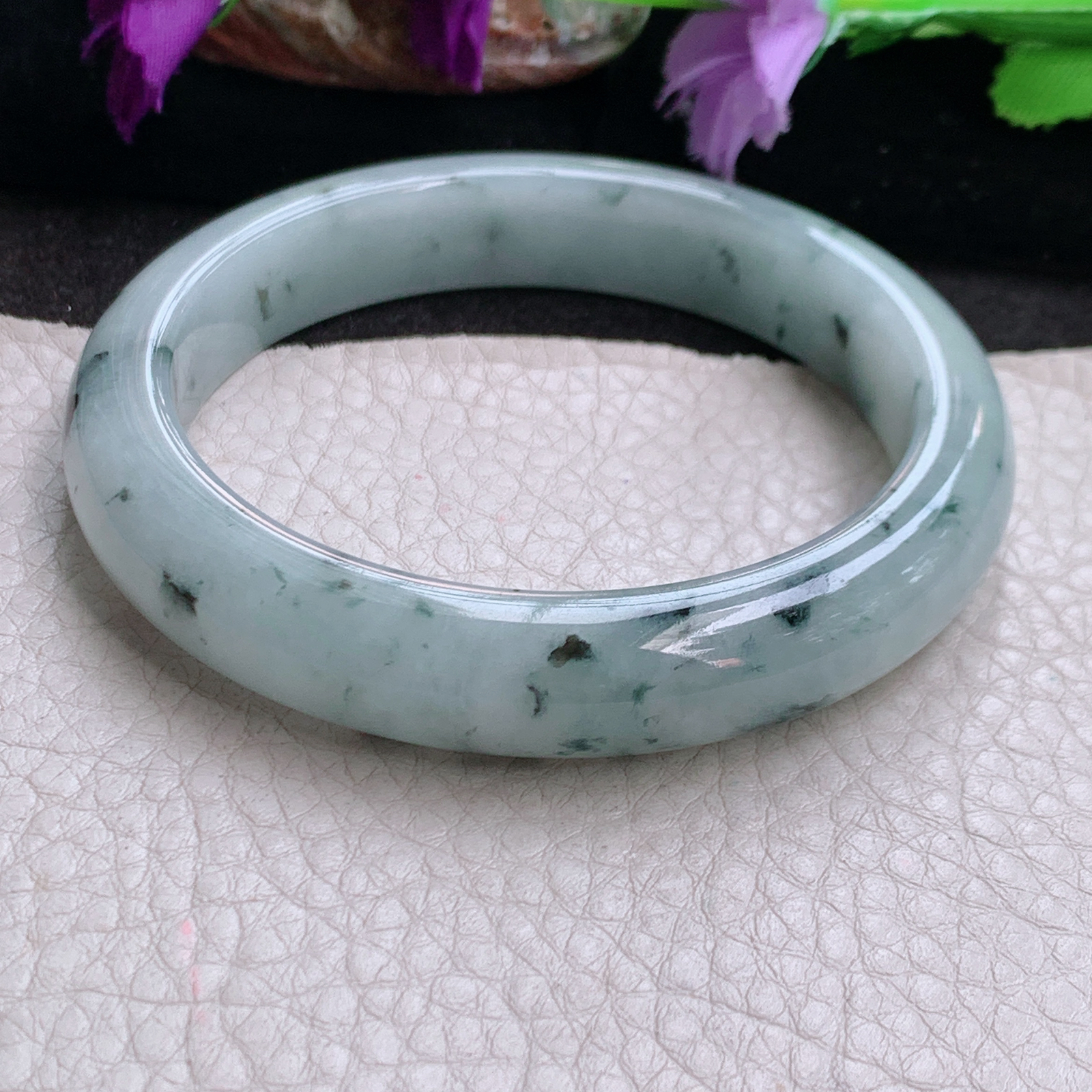 js自然光58*12*9平安镯 缅甸翡翠a货高品质胶感飘花灵动宽边玉手镯