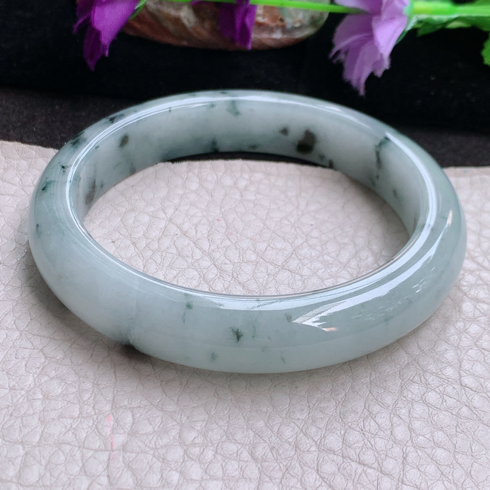js自然光58*12*9平安镯 缅甸翡翠a货高品质胶感飘花灵动宽边玉手镯