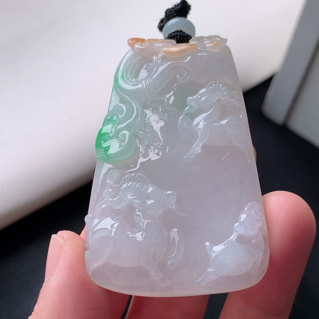 三彩三阳开泰挂件 种老水润，底子细腻，佩戴简单大方 货号24725，57.3-36.1-8.0