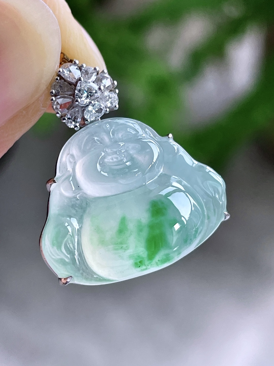 高冰飘绿花佛公吊坠,18k金镶嵌,无裂,飘花