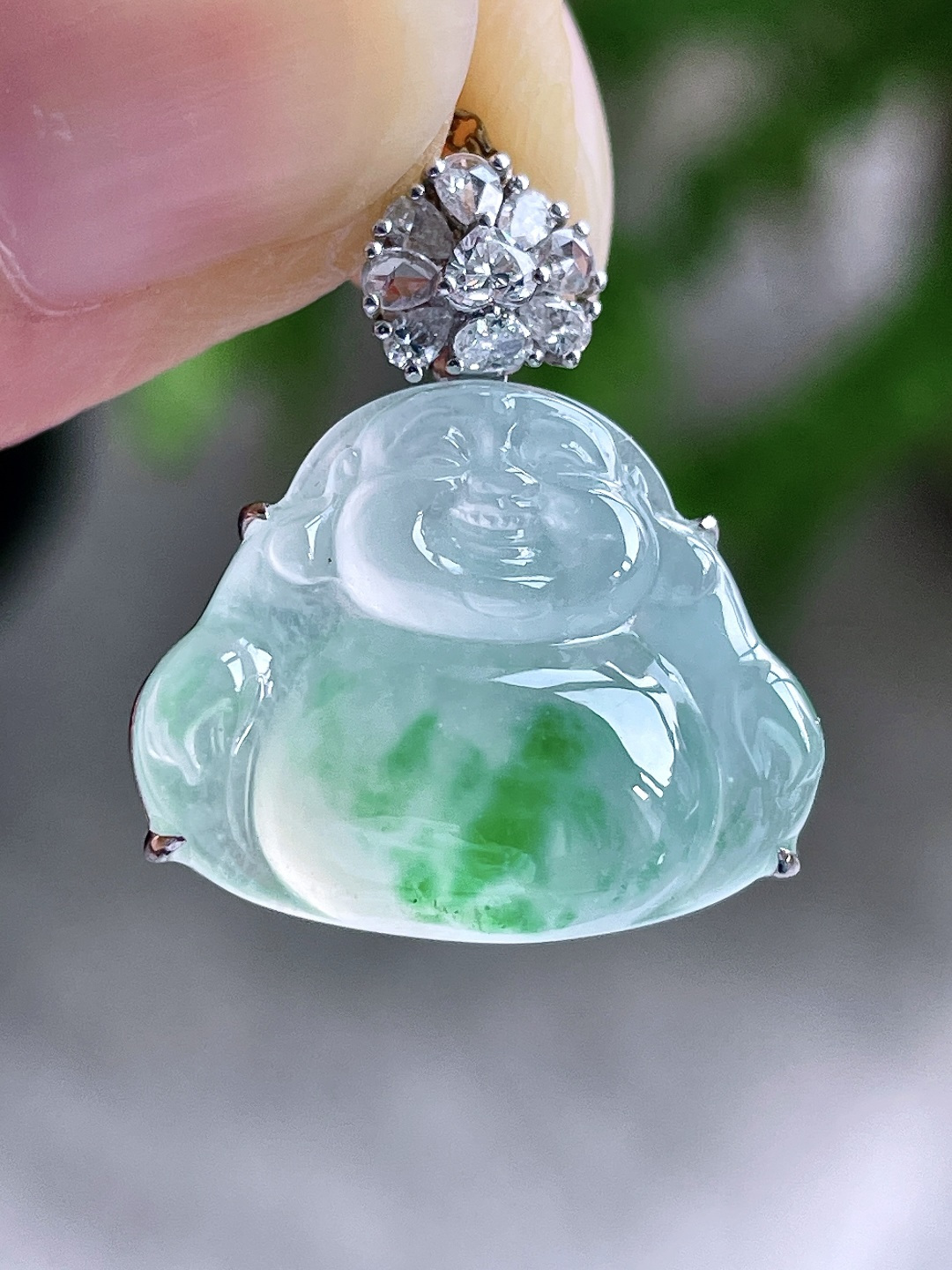 高冰飘绿花佛公吊坠,18k金镶嵌,无裂,飘花