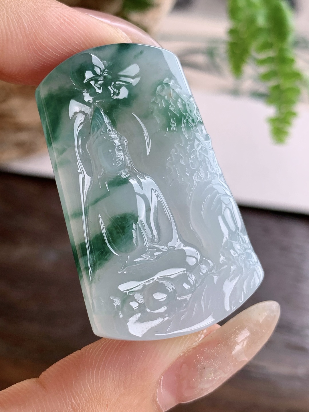 【已结缘】【裸石】️冰飘花山水观音牌吊坠【说明】缅甸  性比高  【尺寸】42.3-26.5-5.7【重量】16.5克