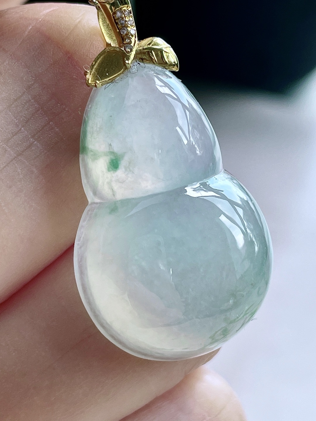 冰晴水飘花葫芦大葫芦吊坠，18k金镶嵌，无裂，性比高，厚装，32.7，28.2-18.4-8，6.7克