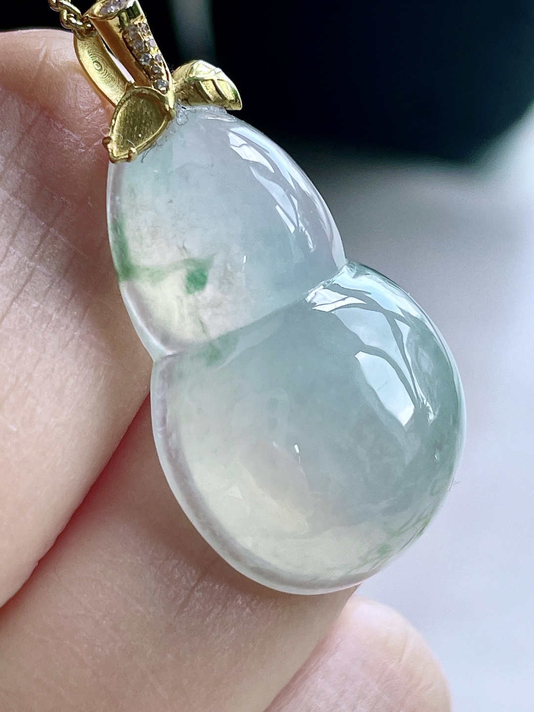 冰晴水飘花葫芦大葫芦吊坠，18k金镶嵌，无裂，性比高，厚装，32.7，28.2-18.4-8，6.7克