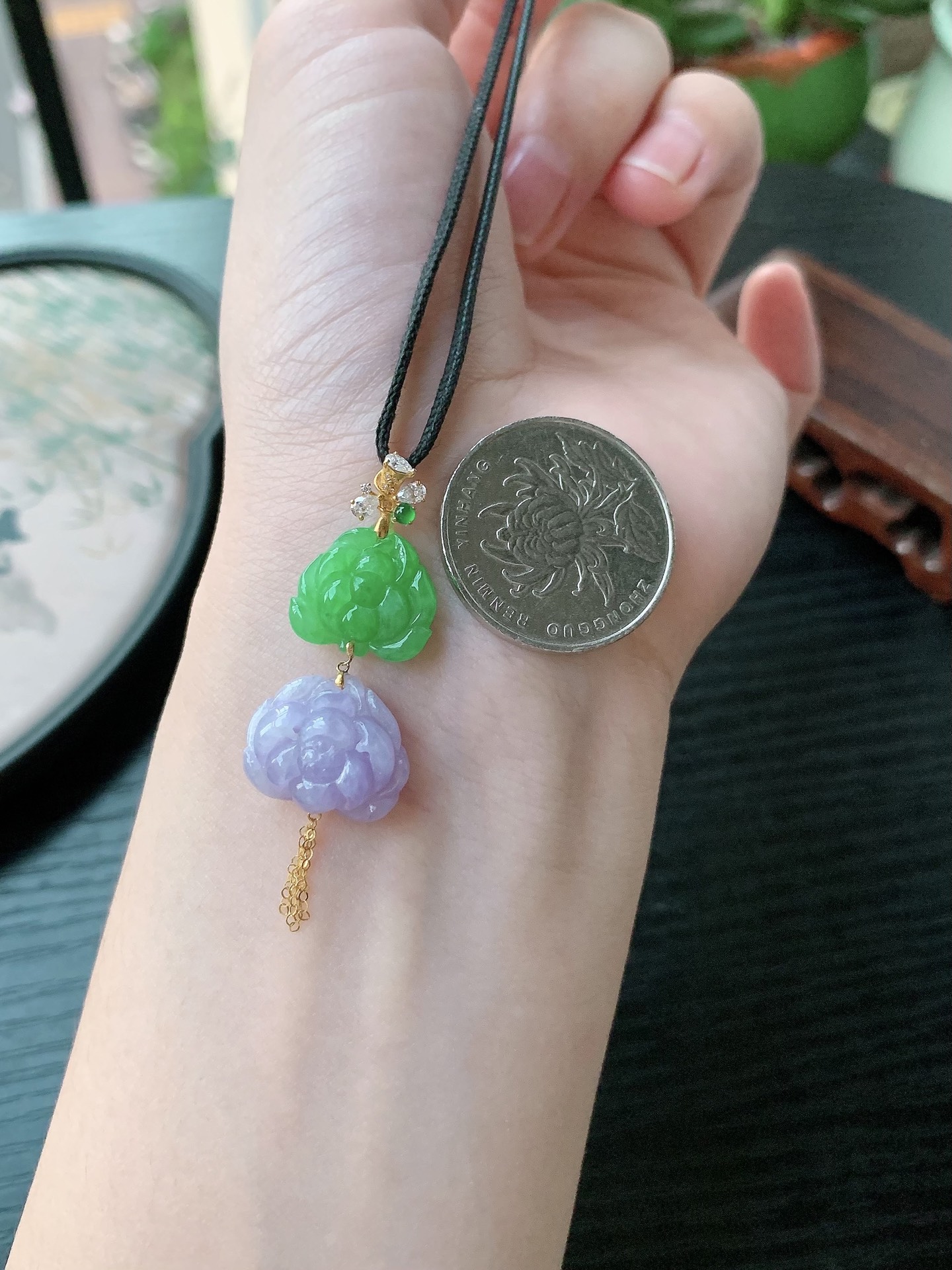 18k金镶嵌老坑冰种胶感双彩花开富贵吊坠,裸石尺寸:13-15.7-7.3mm