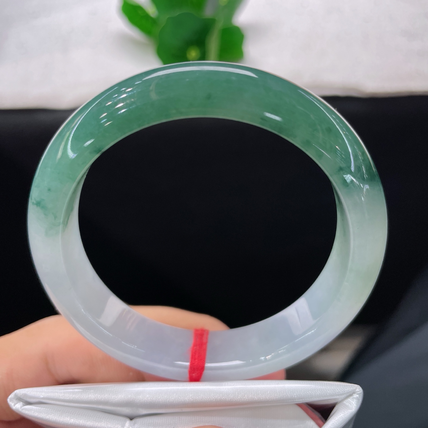 天然翡翠手镯 圈口55.3/12.6/8.2，半山半水正圈，半湖翠色半霜华，一镯揽尽山水意。无裂。