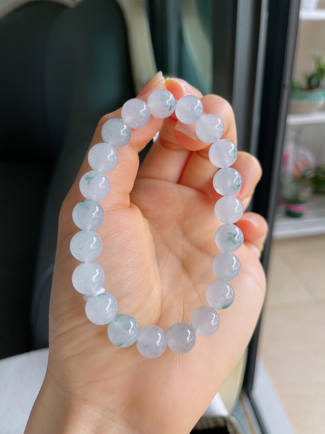 缅甸天然翡翠A货，冰飘花手链，尺寸：9mm。【编4110】