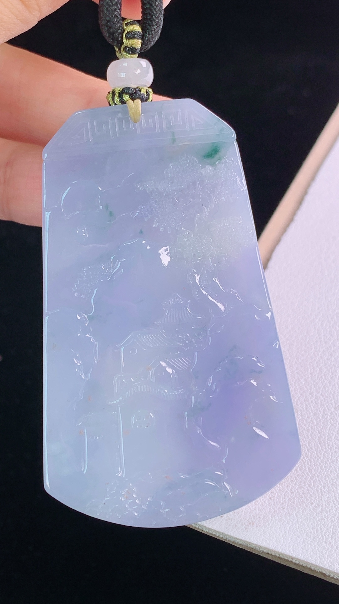 紫飘花仿古山水牌, 紫色浓郁，花色灵动，无裂, 尺寸:65.9-40.6-7.4mm 7