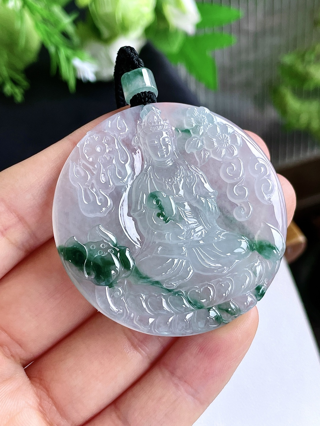 【裸石】冰飘花圆牌莲花观音牌吊坠【说明】缅甸 无裂 性比高【尺寸】50.4-5.7【重量】32.2克