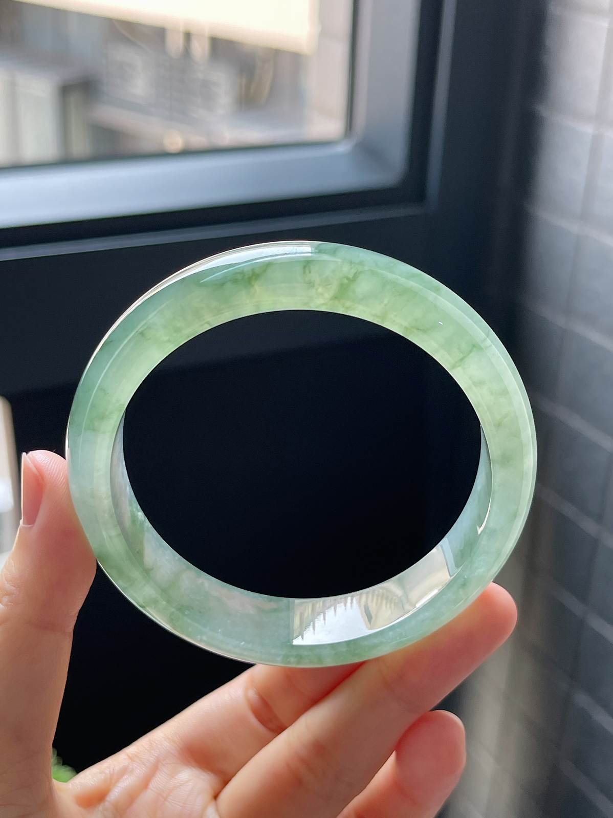 圈口58.3，冰糯种水草飘花翡翠正圈手镯9.10