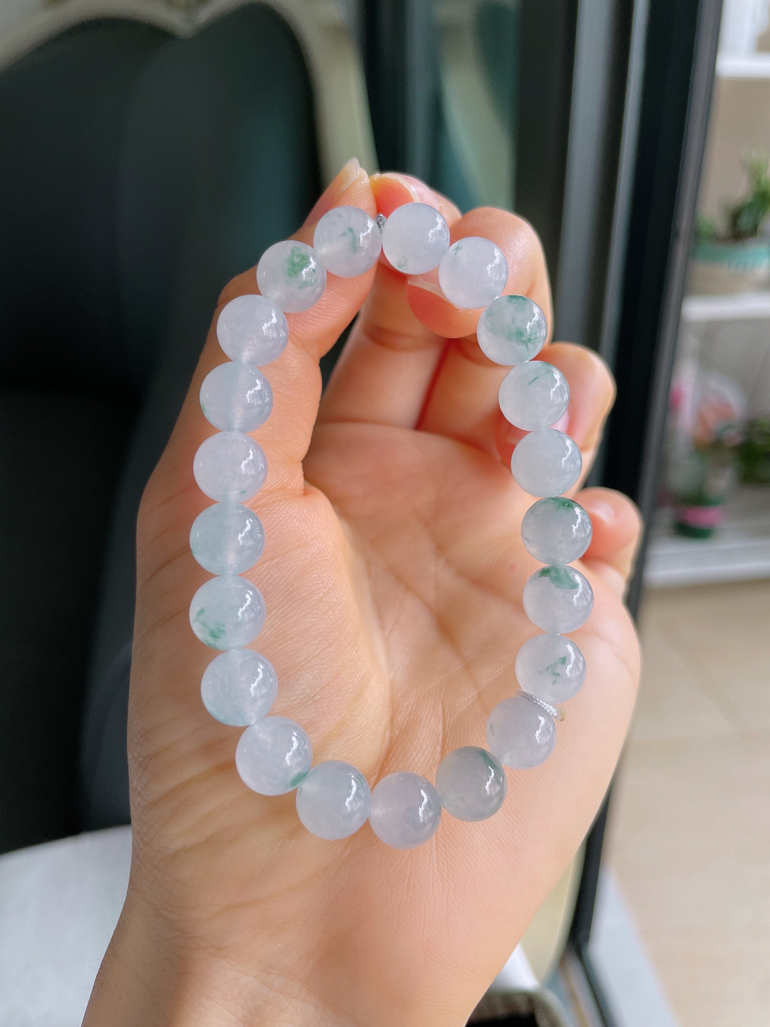 缅甸天然翡翠A货，冰飘花手链，尺寸：9mm。【编4110】