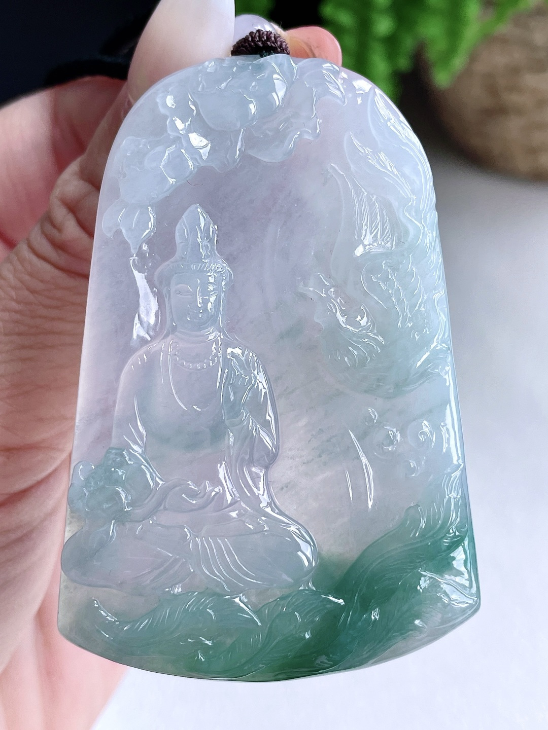 【裸石】冰种飘花御凤观音牌吊坠【说明】缅甸 无裂 性比高 厚装【尺寸】66.8-44.2-6【重量