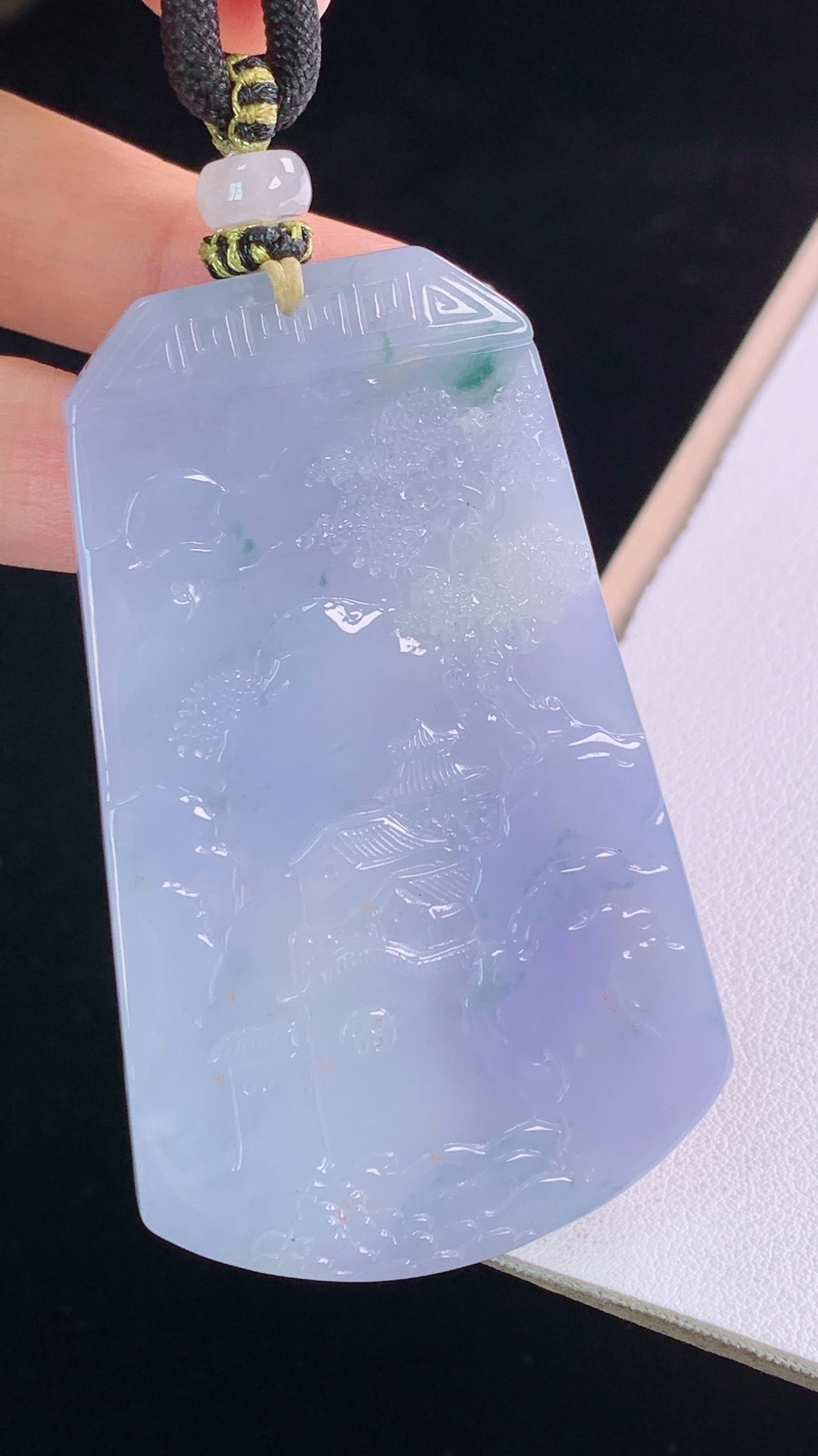 紫飘花仿古山水牌, 紫色浓郁，花色灵动，无裂, 尺寸:65.9-40.6-7.4mm 7