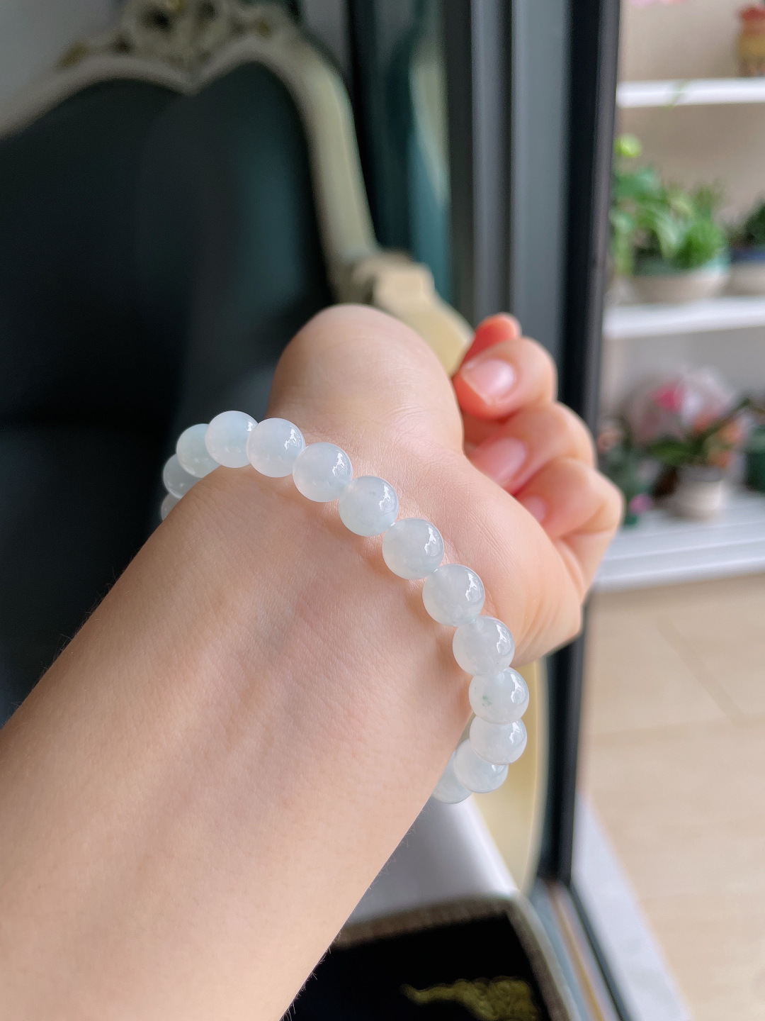 缅甸天然翡翠A货，冰飘花手链，尺寸：8mm。【编4362】
