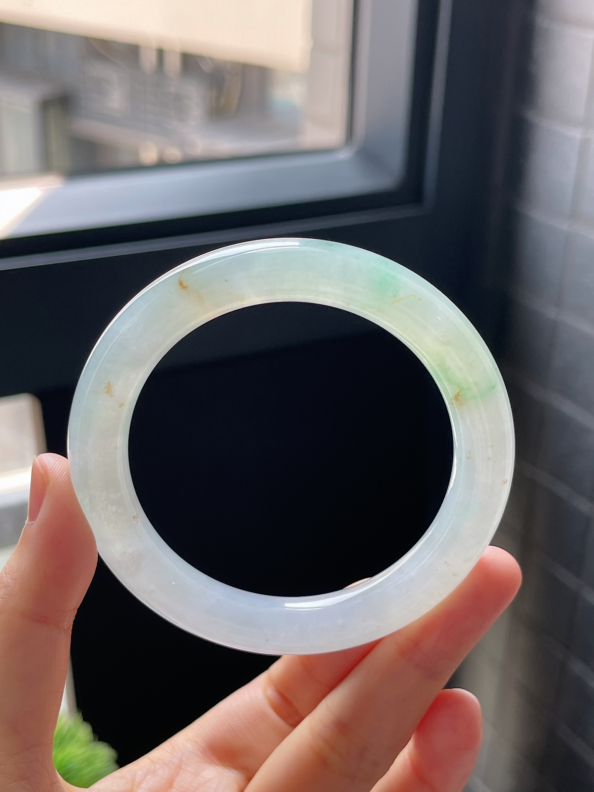 圈口55，冰-冰糯飘绿 沙金翡翠圆条手镯9.10