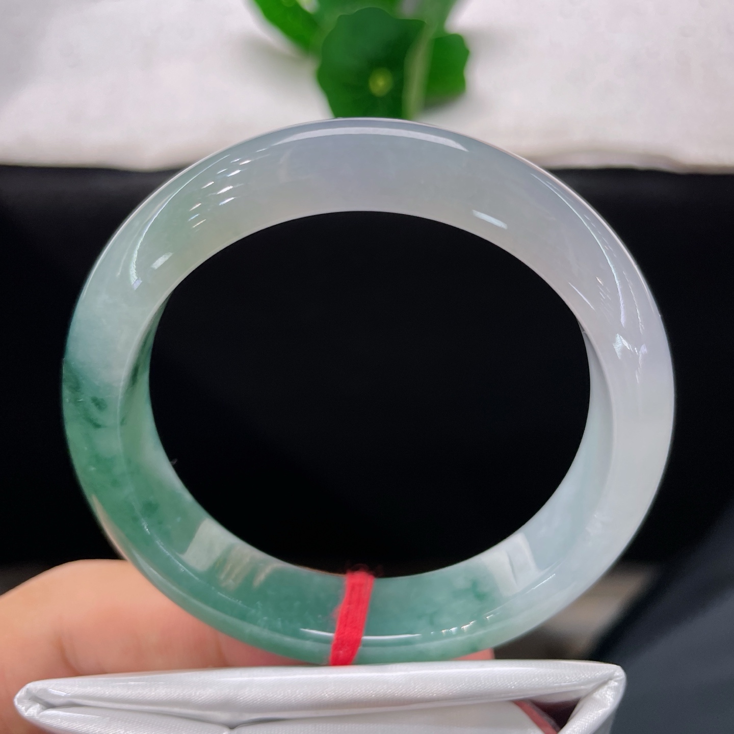 天然翡翠手镯 圈口55.3/12.6/8.2，半山半水正圈，半湖翠色半霜华，一镯揽尽山水意。无裂。