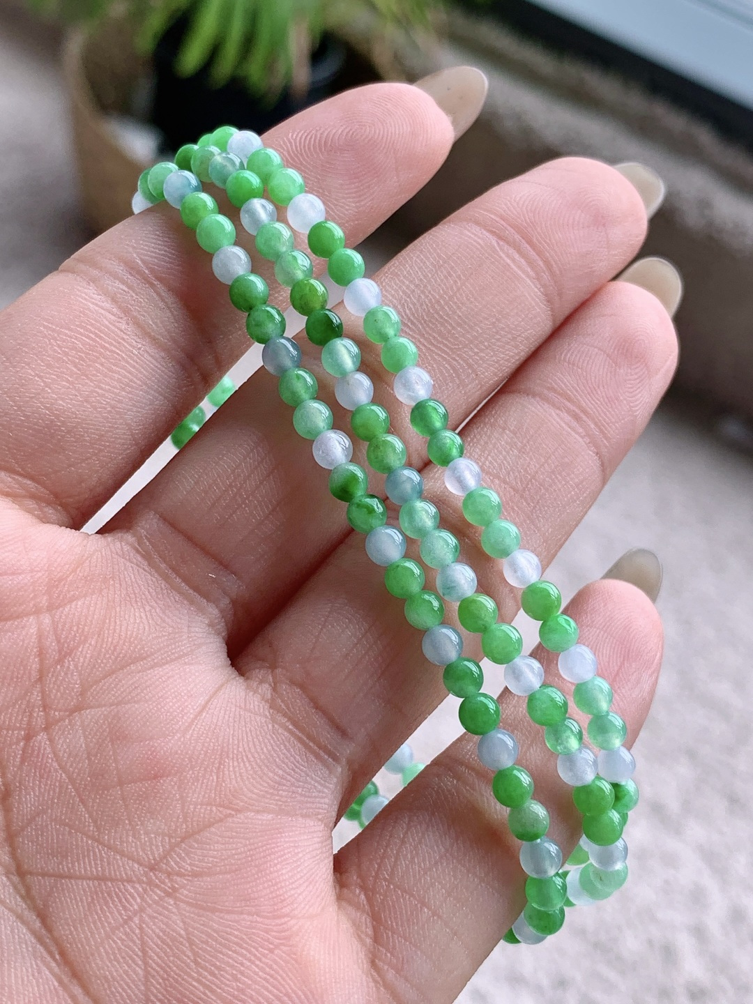 ️冰双彩珠链圆珠子珠链 性比高  白冰 阳绿 3.5mm，31cm 14.2克