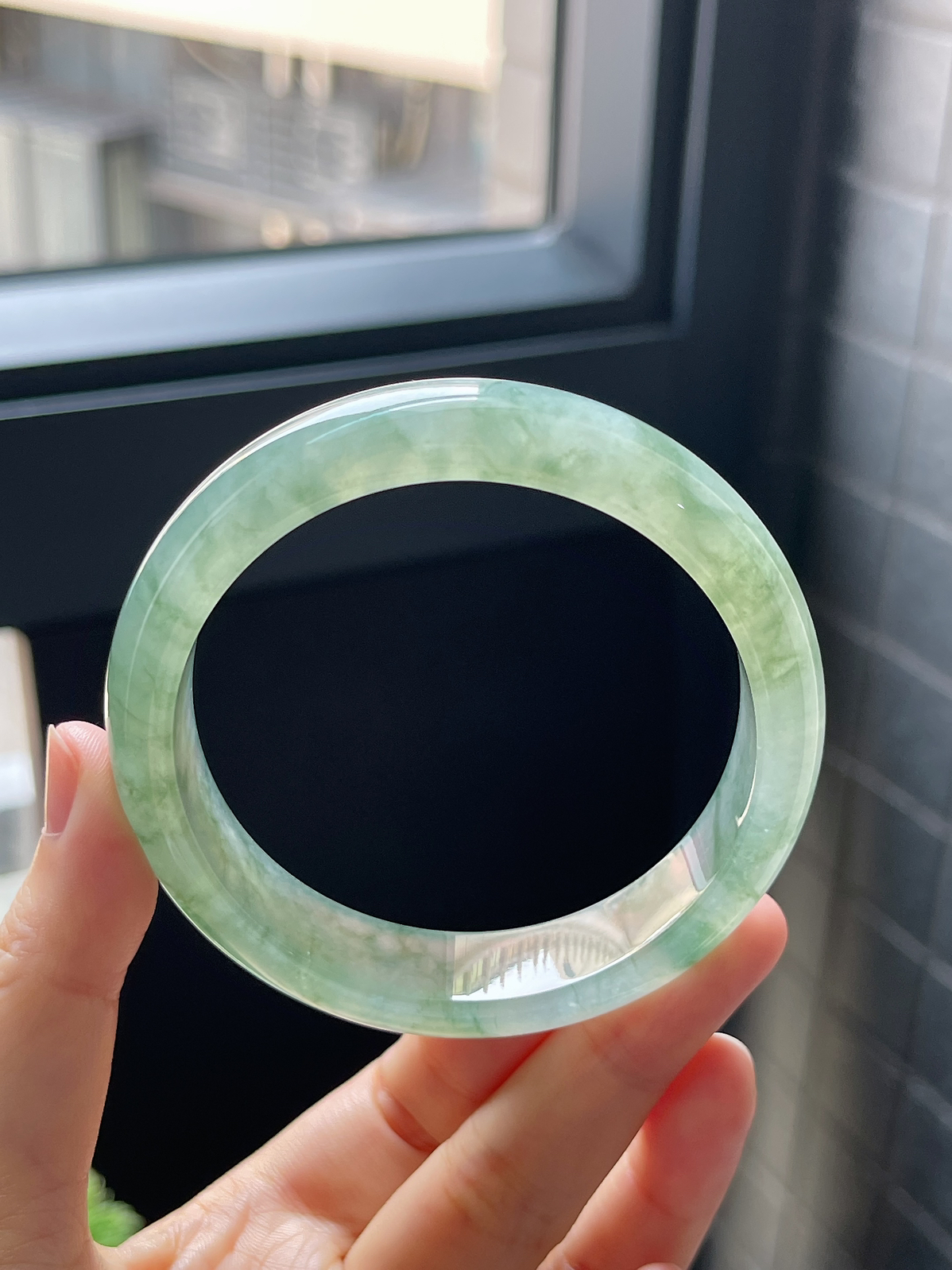 圈口58.3，冰糯种水草飘花翡翠正圈手镯9.10