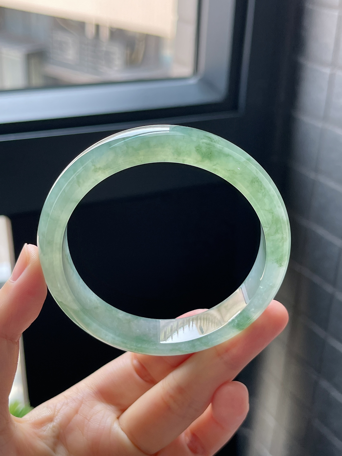 圈口58.3，冰糯种水草飘花翡翠正圈手镯9.10