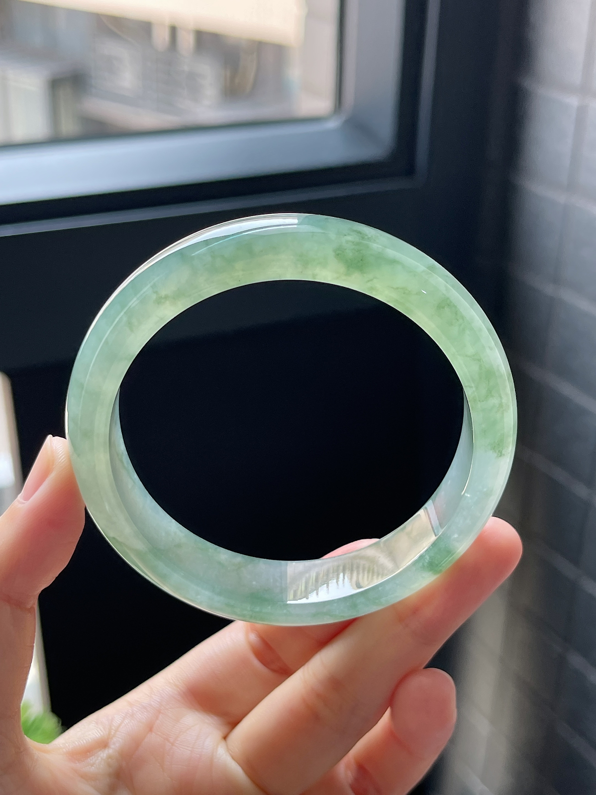 圈口58.3，冰糯种水草飘花翡翠正圈手镯9.10