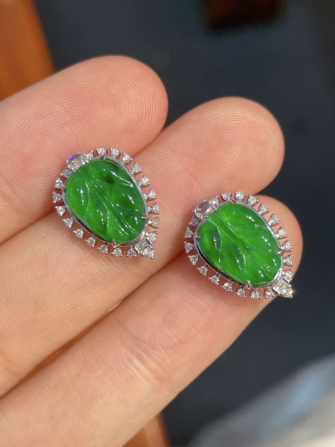 冰绿叶子耳钉 无裂 18k金镶嵌