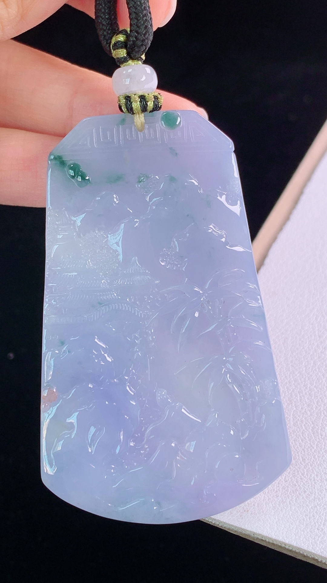 紫飘花仿古山水牌, 紫色浓郁，花色灵动，无裂, 尺寸:65.9-40.6-7.4mm 7