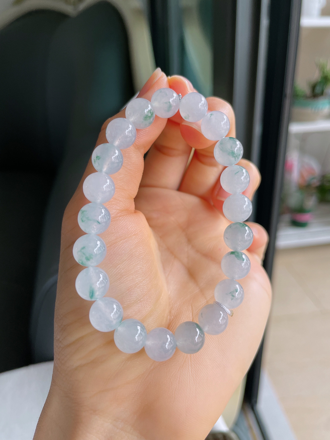 缅甸天然翡翠A货，冰飘花手链，尺寸：9mm。【编4110】
