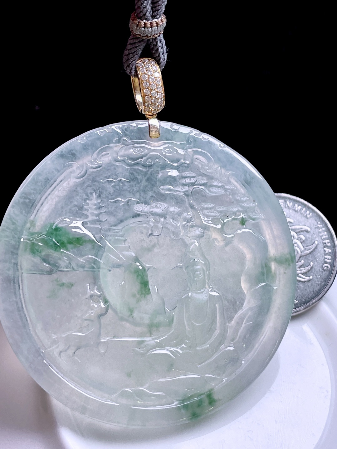 冰种飘花山水观音，飘花灵动，种老起胶，18k金镶嵌：63.6，裸石：52.5/4.8