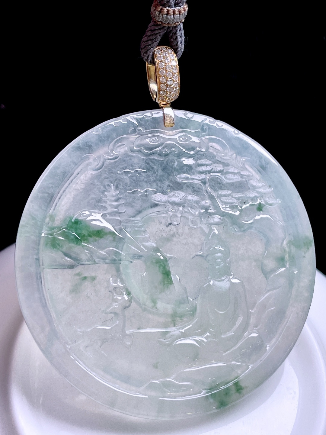冰种飘花山水观音，飘花灵动，种老起胶，18k金镶嵌：63.6，裸石：52.5/4.8