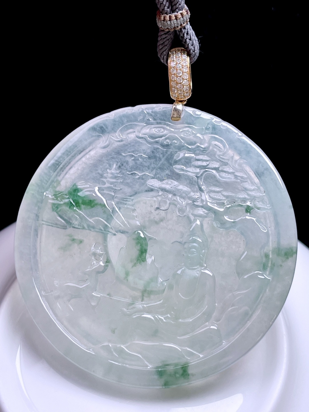 冰种飘花山水观音，飘花灵动，种老起胶，18k金镶嵌：63.6，裸石：52.5/4.8