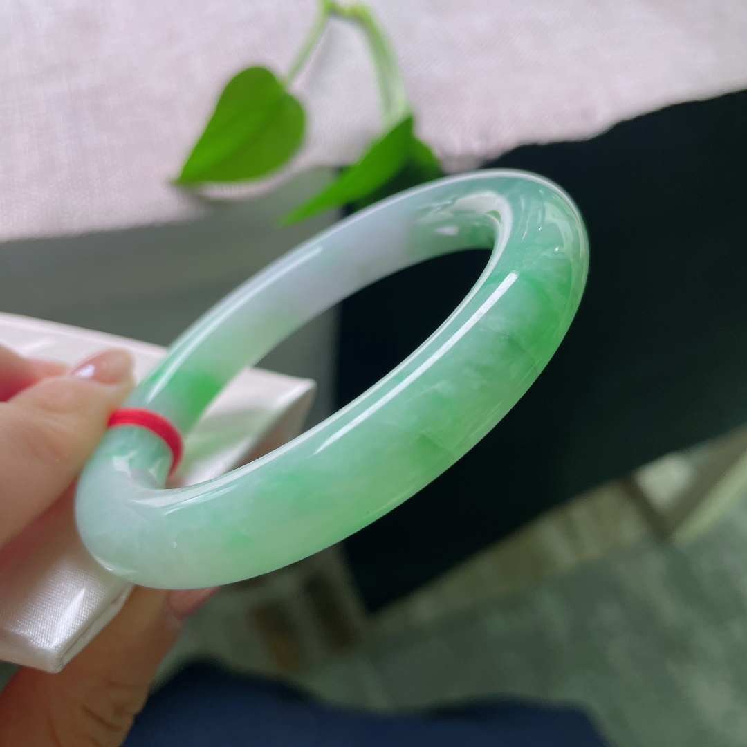 54.8/10.7，飘绿正圈，多处肉纹，玉质莹润光洁，一抹鲜亮阳绿顺势铺展在镯身，翠色鲜活灵动，上手明媚大气，一眼便是腕间亮眼风景。ss58476a