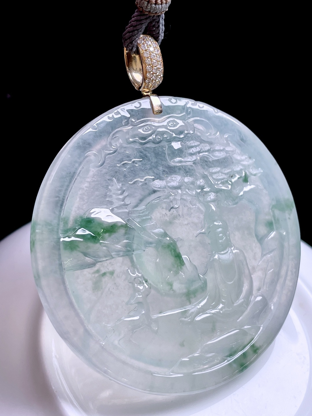 冰种飘花山水观音，飘花灵动，种老起胶，18k金镶嵌：63.6，裸石：52.5/4.8