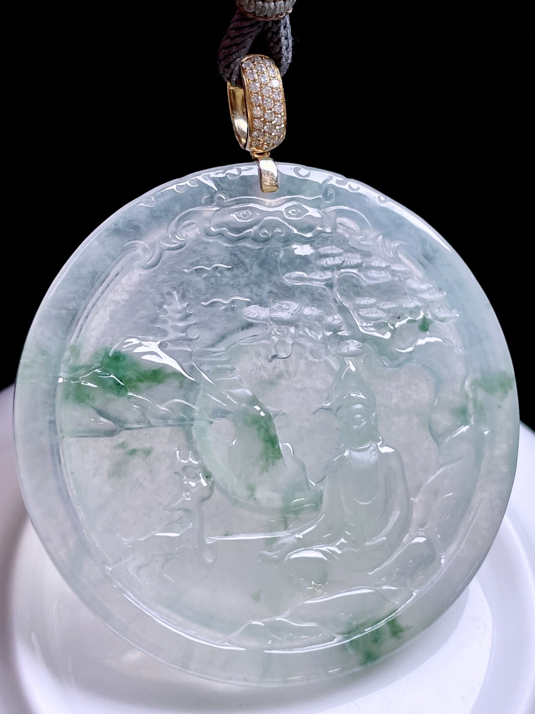 冰种飘花山水观音，飘花灵动，种老起胶，18k金镶嵌：63.6，裸石：52.5/4.8