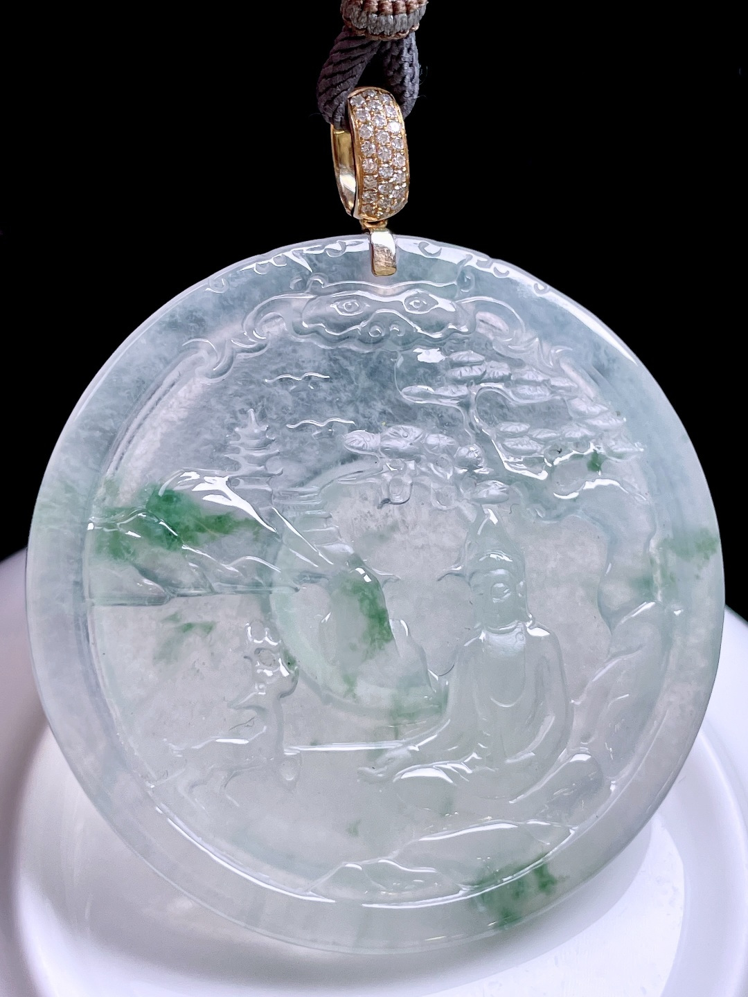 冰种飘花山水观音，飘花灵动，种老起胶，18k金镶嵌：63.6，裸石：52.5/4.8