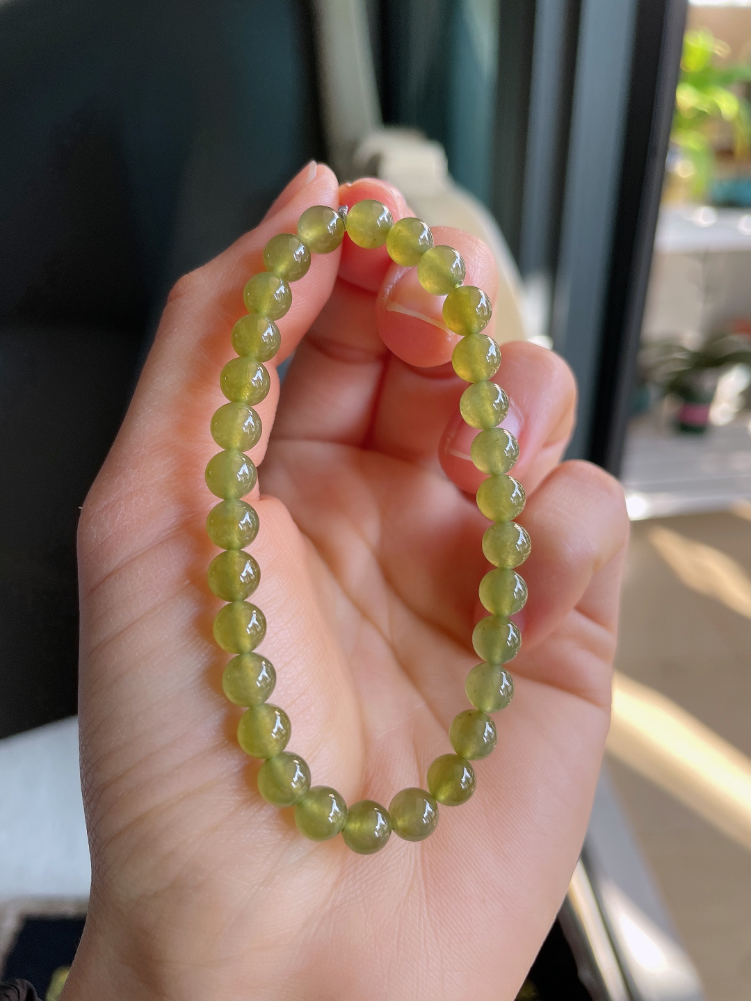 缅甸天然翡翠A货，冰种冰黄翡手链，尺寸：6mm。【编3370】