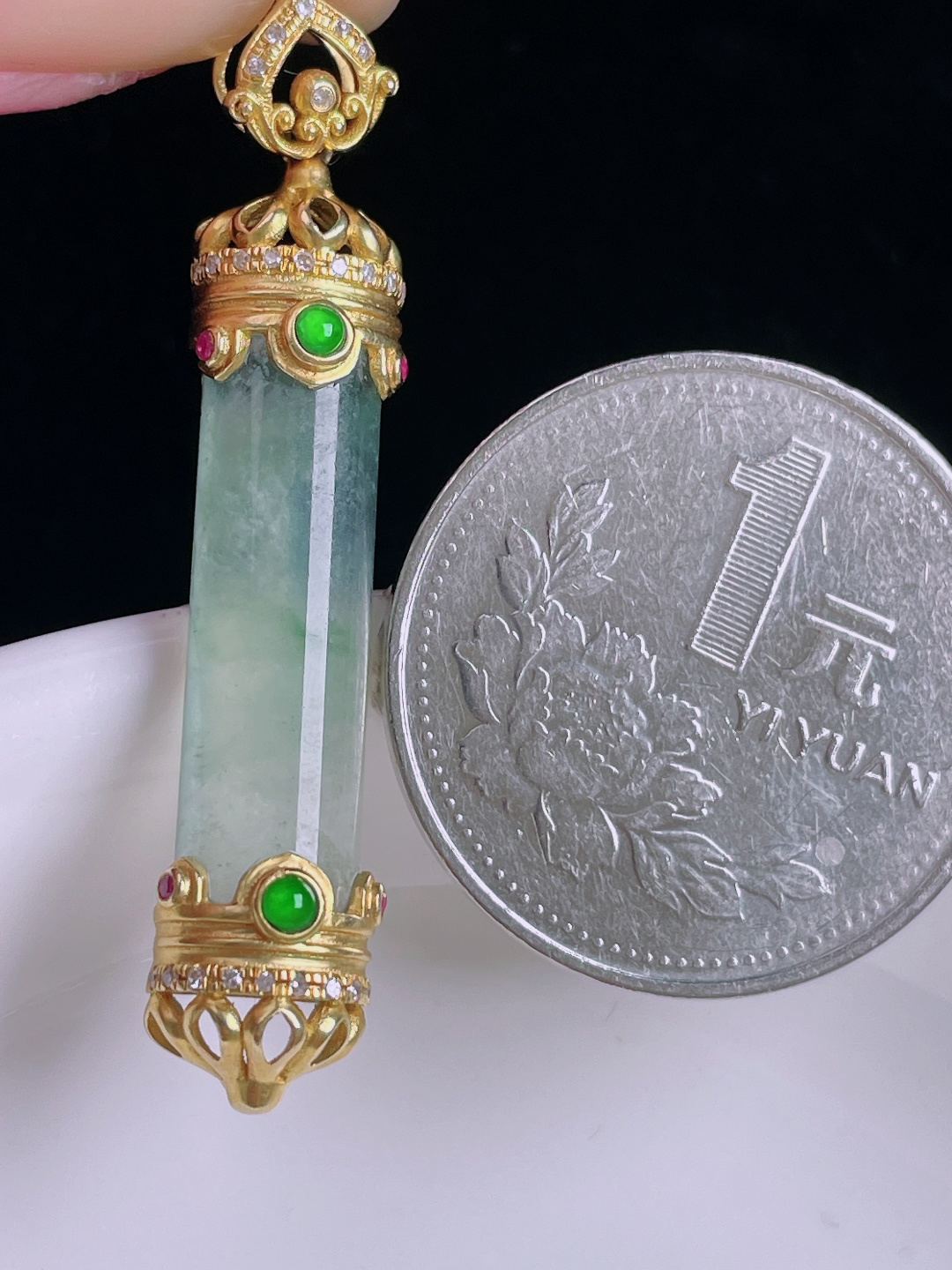 冰种平安柱，18k镶嵌，老种起光，细底通透，尺寸：42.7/8.6/6mm0911
