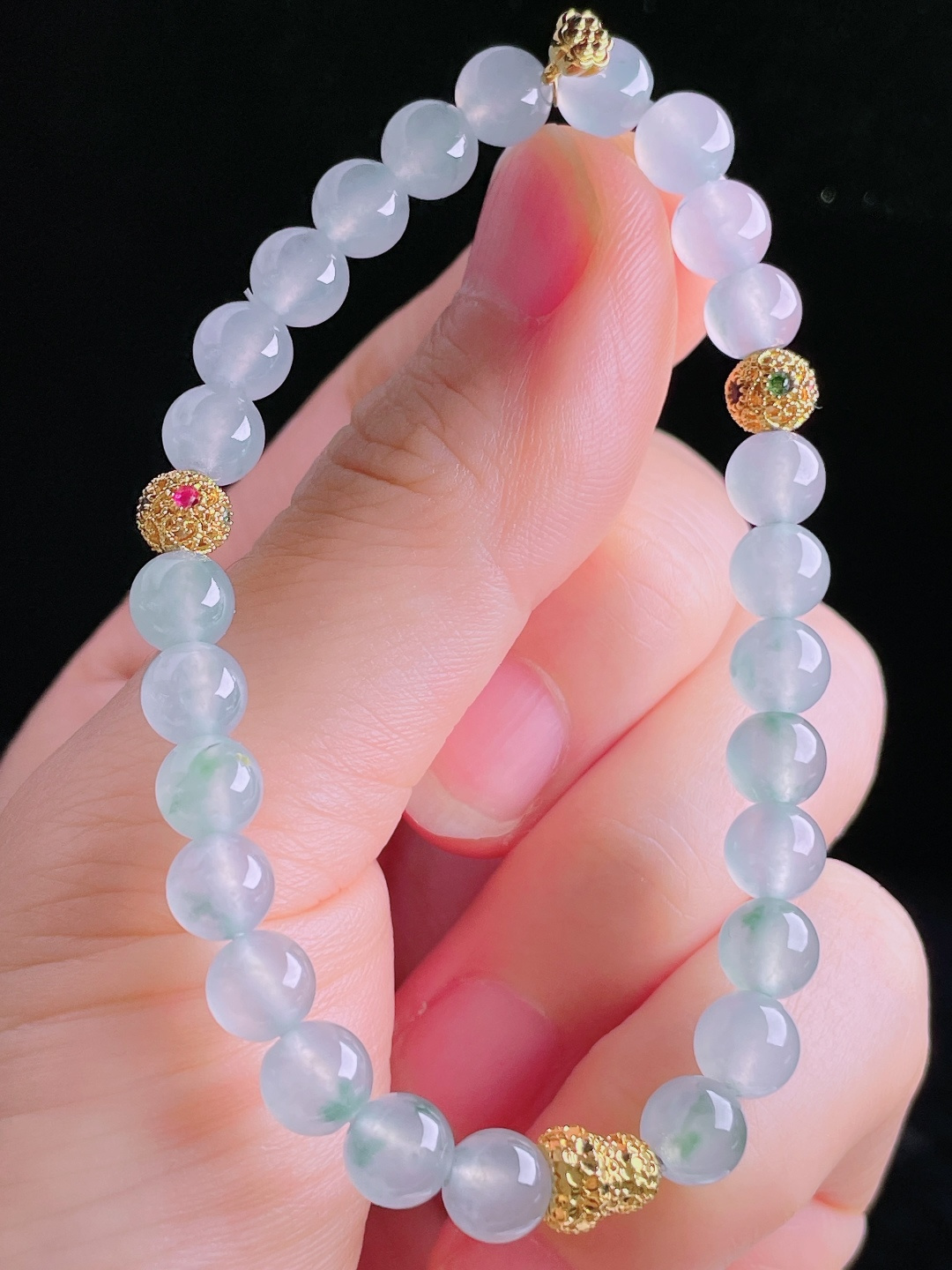 白冰手串珠串，18k镶嵌，老种起光，细底通透，尺寸：6.7mm0911