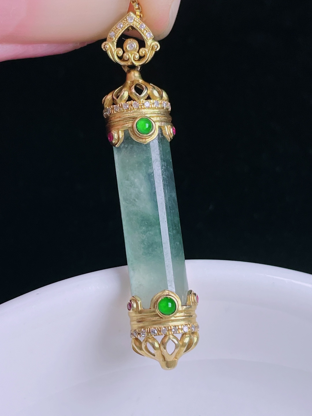 冰种平安柱，18k镶嵌，老种起光，细底通透，尺寸：42.7/8.6/6mm0911
