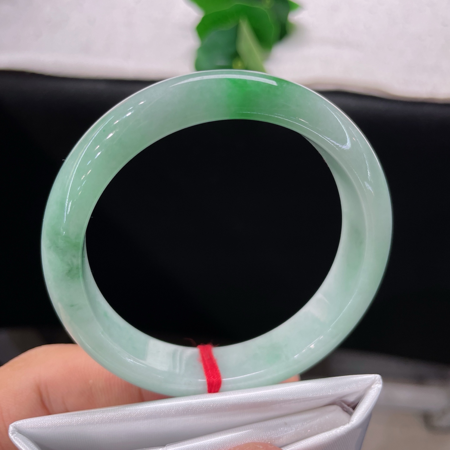 天然翡翠手镯 圈口54.8/12.2/7.8，白底青正圈，一湾玉镯分两色，半含清露半含春。无裂