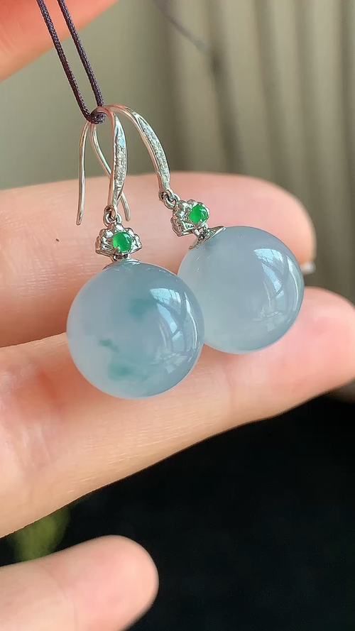 天然翡翠，冰紫珠飘花耳钉18k金