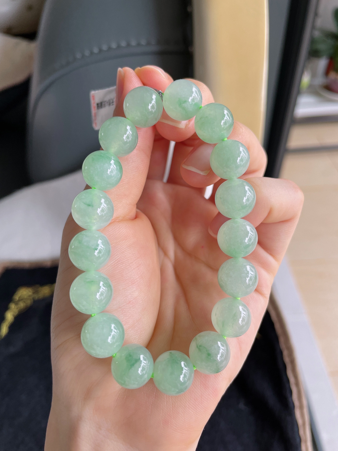 缅甸天然翡翠A货，冰飘花手链，尺寸：11.5mm。【编3172】