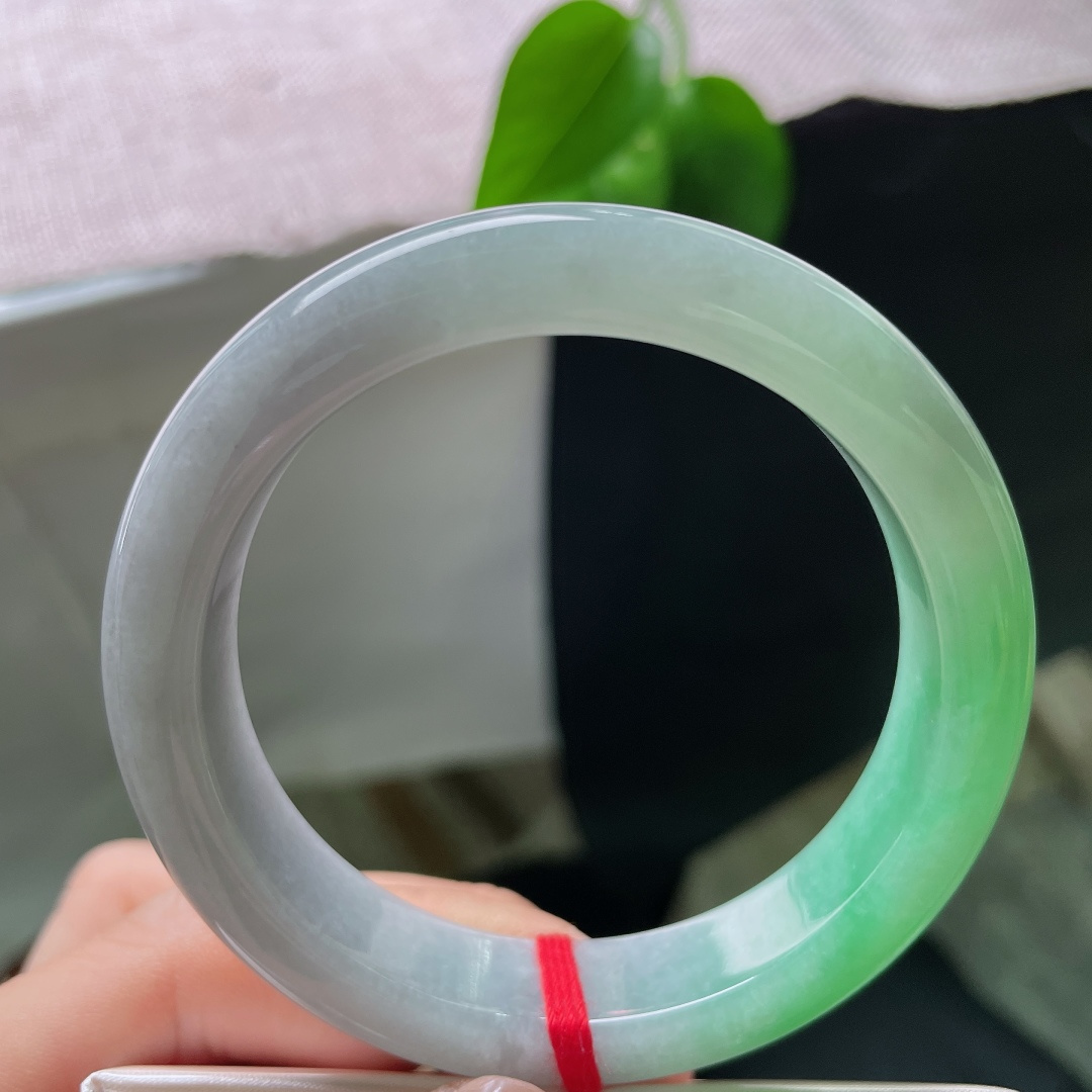 53.8/12.2/8.5，绿底正圈，一点指甲纹不显，淡紫为底，一抹鲜绿晕染镯身，玉质冰润，双色相融温婉动人。ss58668a