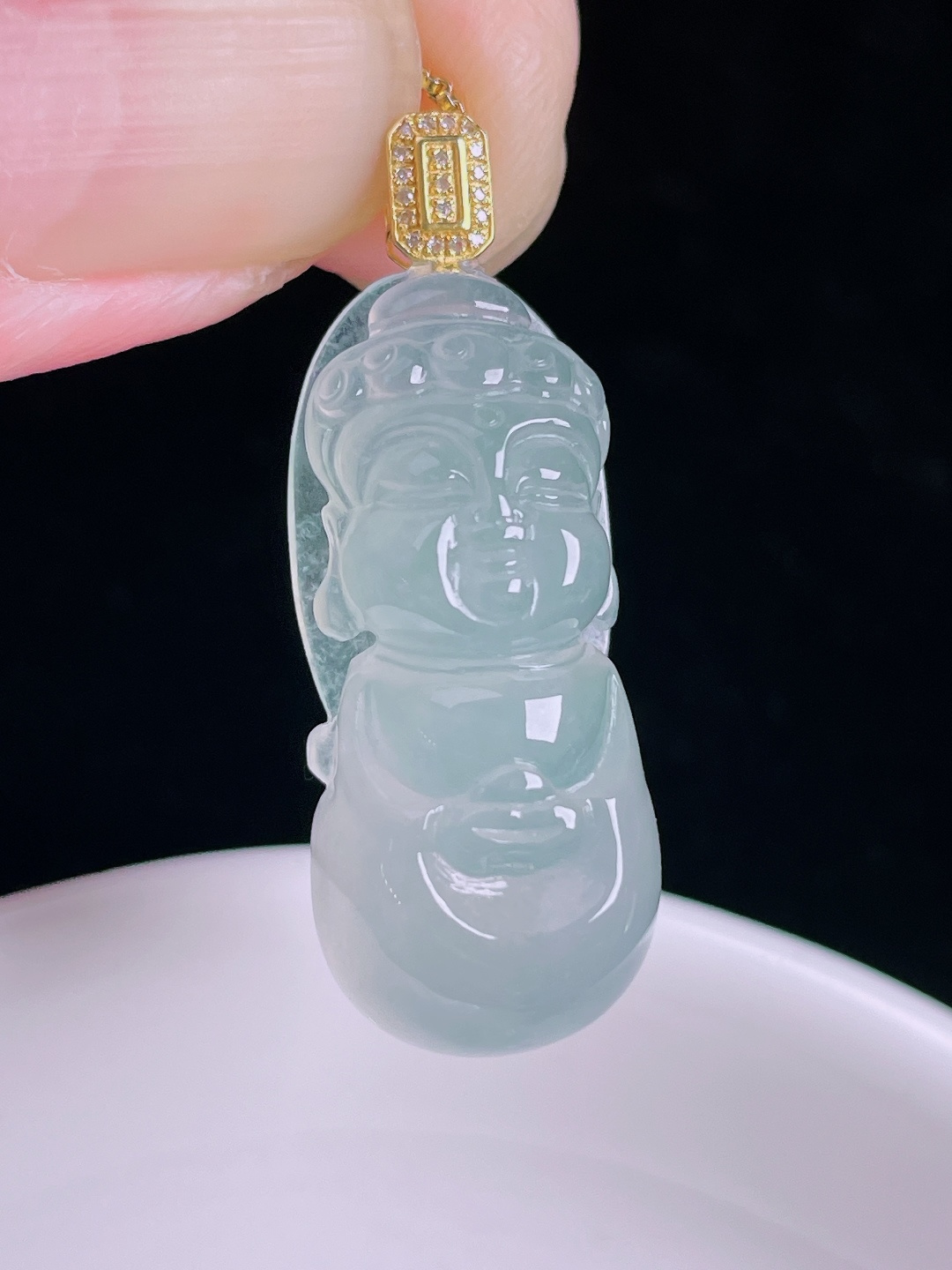 冰种宝宝佛，18k镶嵌，老种起光，细底通透，尺寸：34裸石28.6/12.4/8.3mm0911