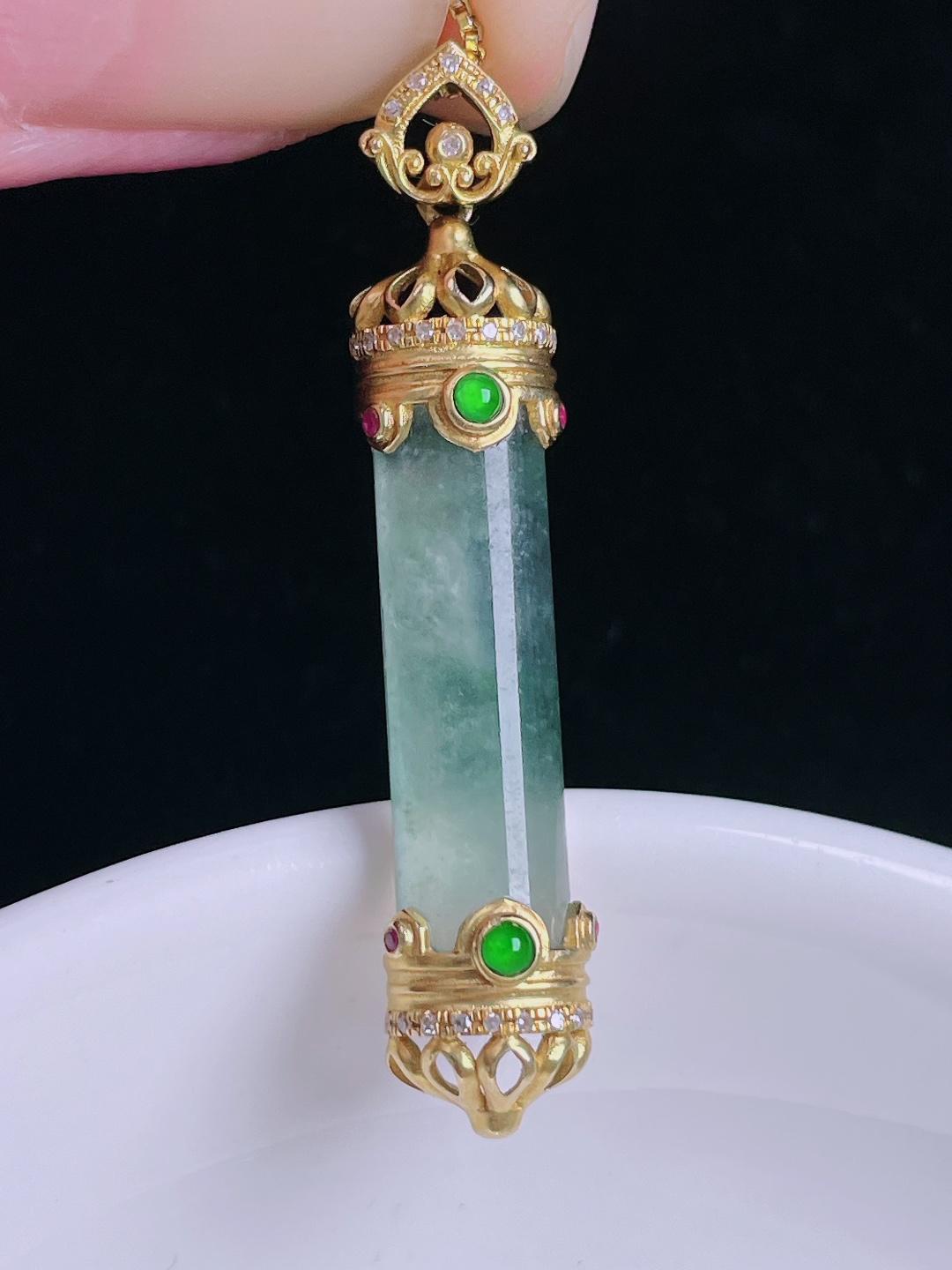 冰种平安柱，18k镶嵌，老种起光，细底通透，尺寸：42.7/8.6/6mm0911