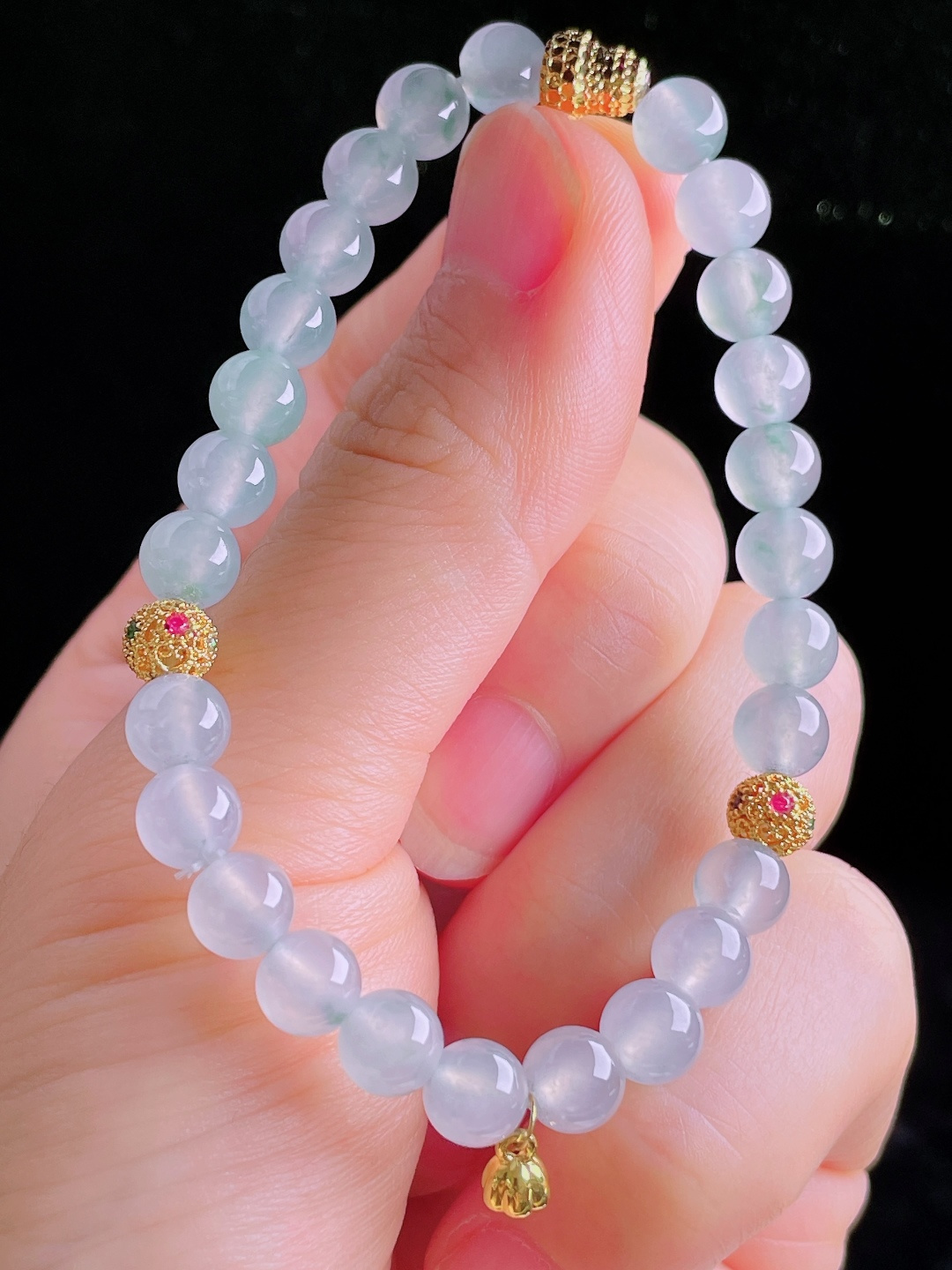 白冰手串珠串，18k镶嵌，老种起光，细底通透，尺寸：6.7mm0911