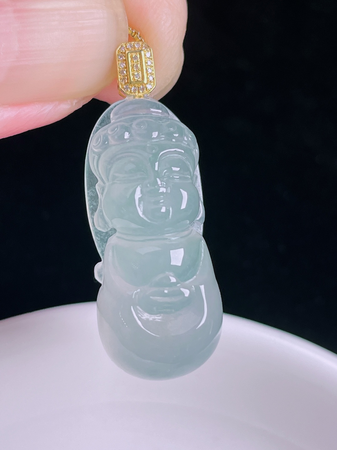 冰种宝宝佛，18k镶嵌，老种起光，细底通透，尺寸：34裸石28.6/12.4/8.3mm0911