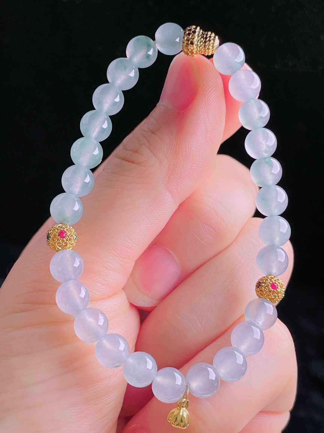 白冰手串珠串，18k镶嵌，老种起光，细底通透，尺寸：6.7mm0911