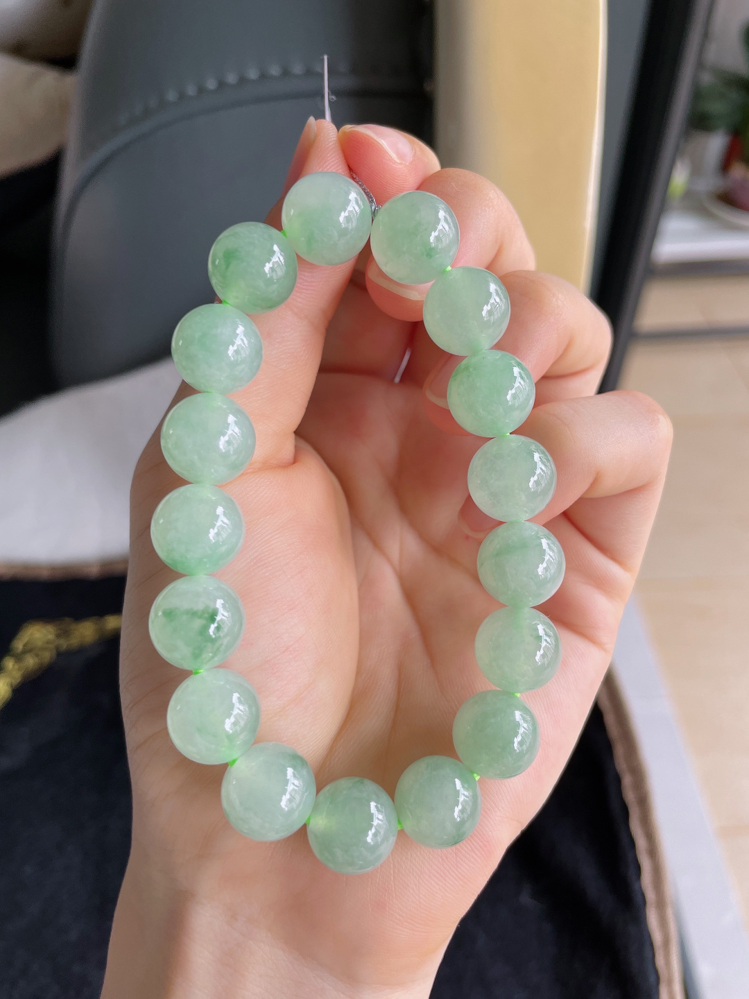 缅甸天然翡翠A货，冰飘花手链，尺寸：11.5mm。【编3172】