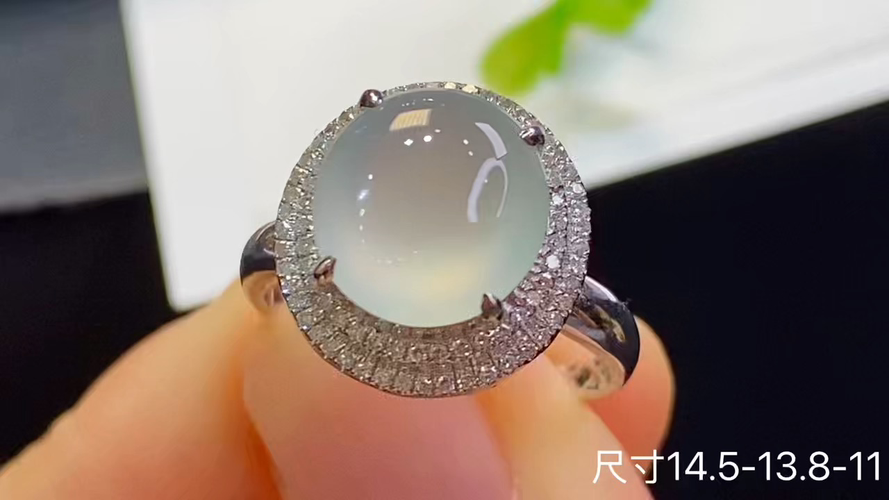 18k金+钻玻璃种蛋面戒指，无裂