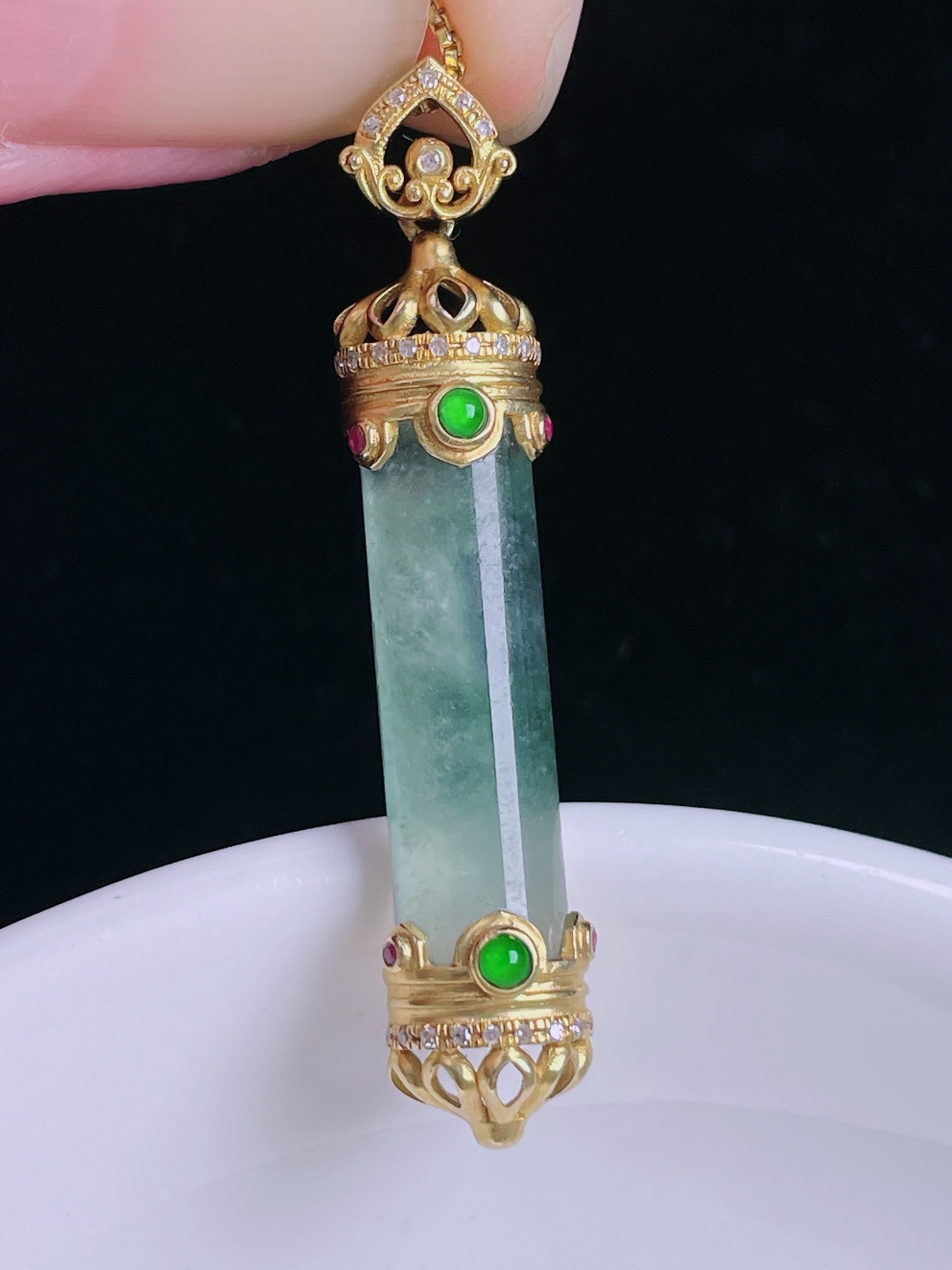 冰种平安柱，18k镶嵌，老种起光，细底通透，尺寸：42.7/8.6/6mm0911